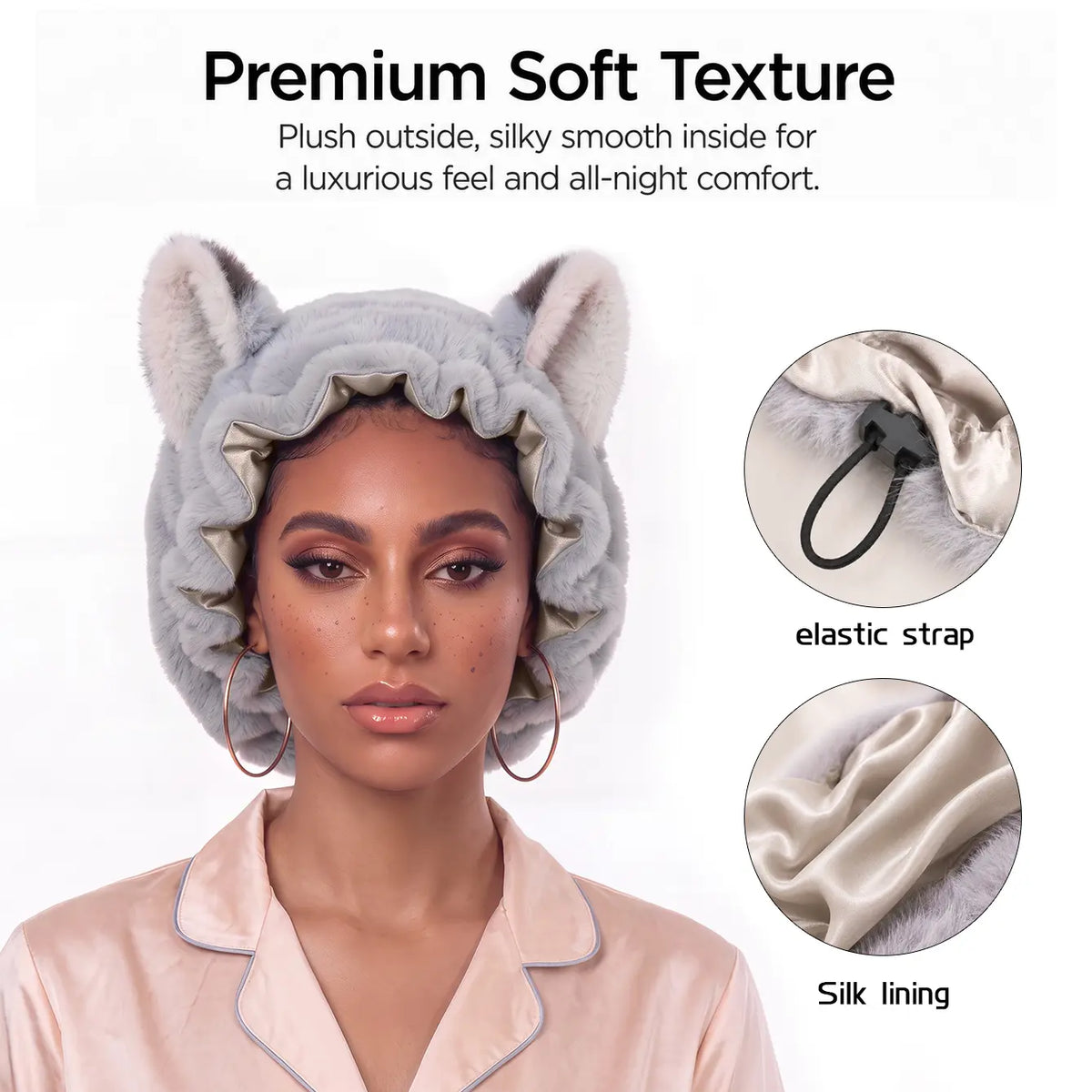 Fox Ear Plush Satin-Lined Sleep Bonnet