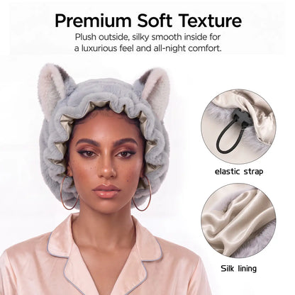Fox Ear Plush Satin-Lined Sleep Bonnet